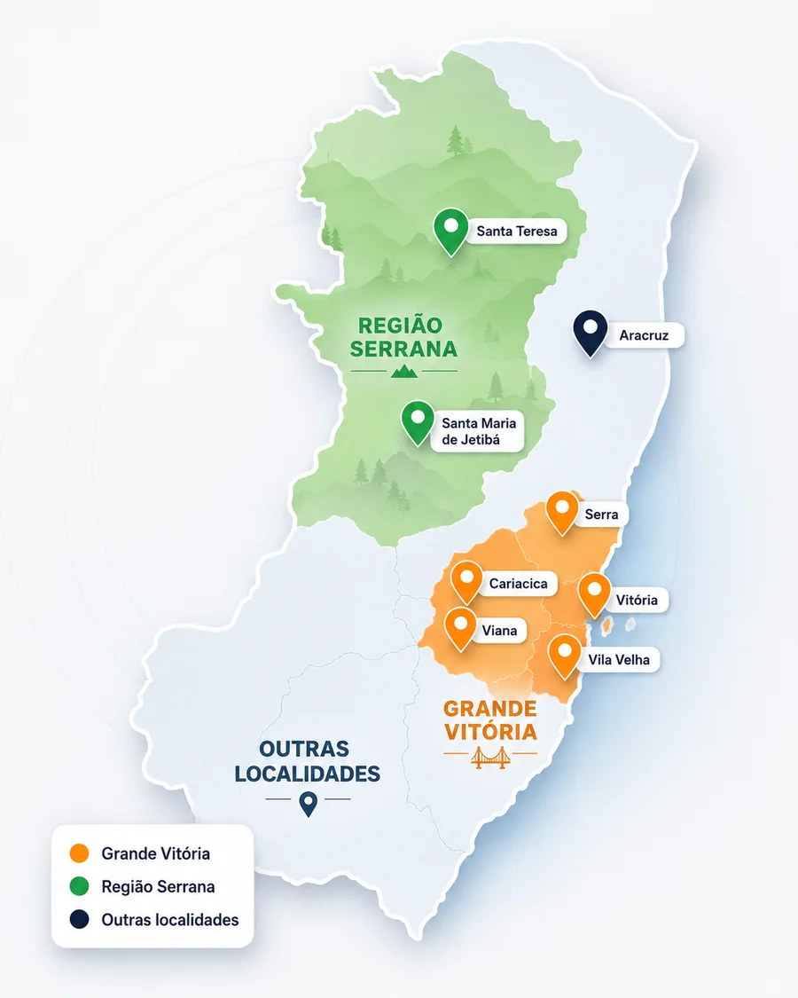 Mapa ilustrativo do Esp&iacute;rito Santo destacando Grande Vit&oacute;ria, Regi&atilde;o Serrana, Aracruz e outras localidades de atendimento da PREVTEC.